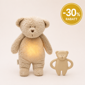 MOONIE PAKKEPRIS Bamse med lyd og lys + Biteleke SAND